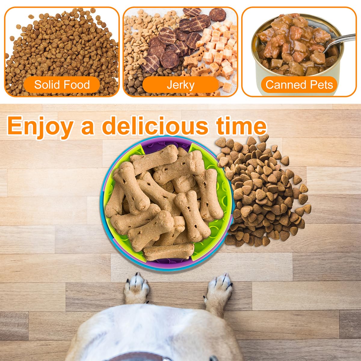 Rotating puzzle feeder holding dry food, jerky and wet food