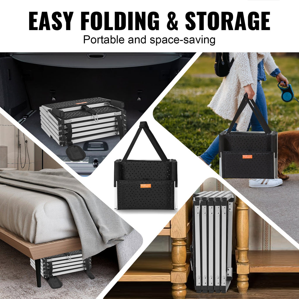 Folded dog stairs stored in a car trunk and carried in a bag