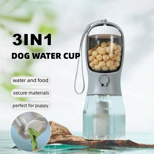 Gray 3-in-1 dog water cup with treats in the top compartment