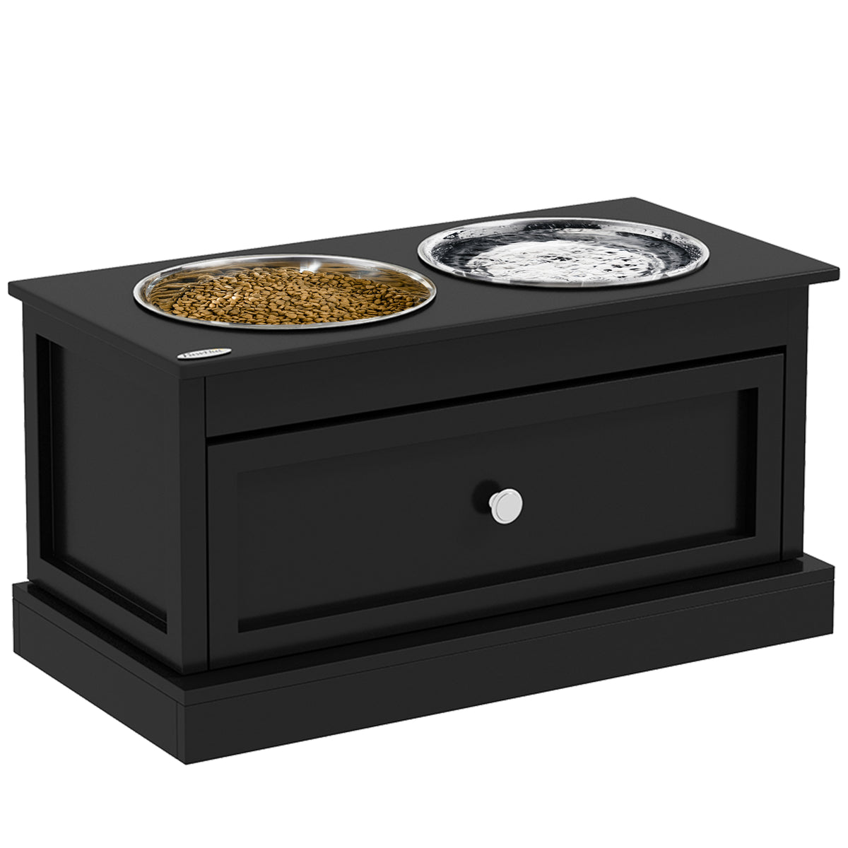 Black wooden dog feeding station with drawer and two bowls