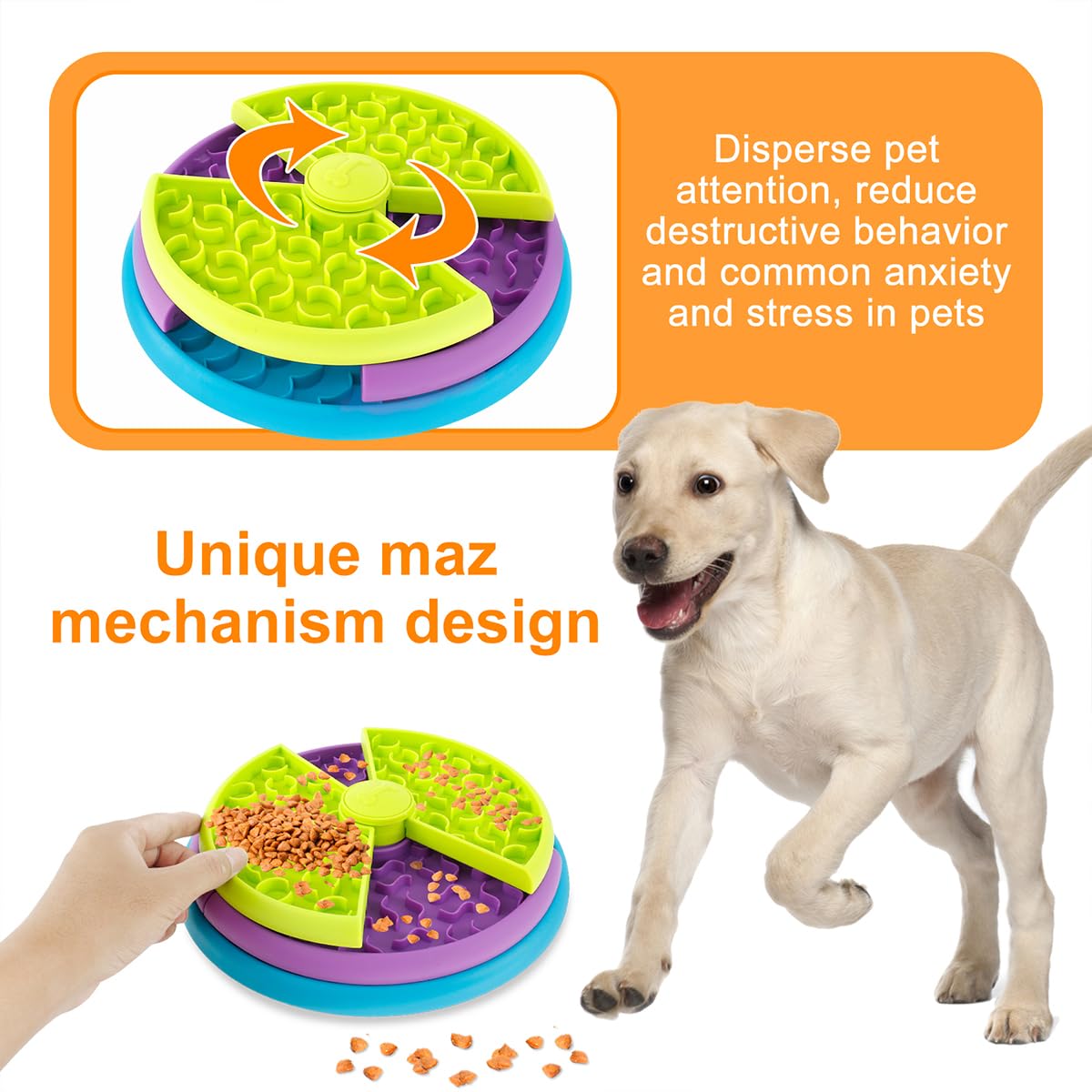 Puppy next to a rotating dog puzzle feeder being turned by hand