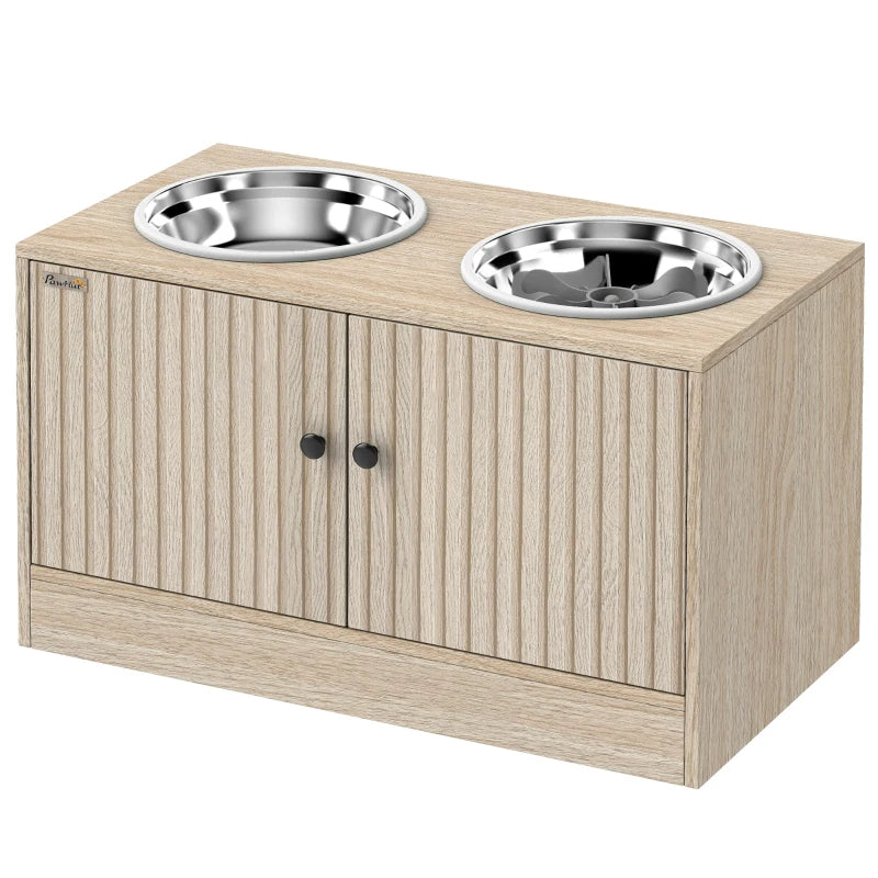 Light wood raised dog bowl cabinet with two stainless steel bowls