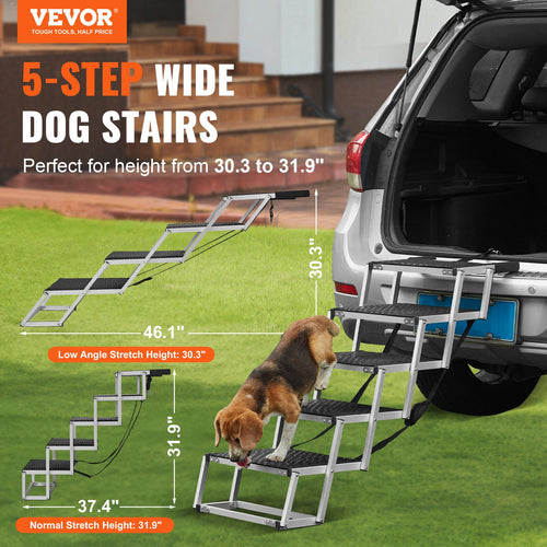 Dog climbing 5-step folding dog stairs into a car, adjustable from 30.3 to 31.9 inches