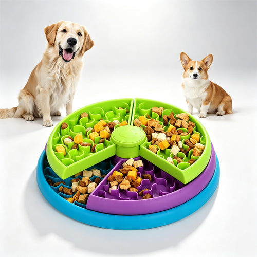 Golden retriever and corgi with a green, purple and blue rotating dog puzzle feeder