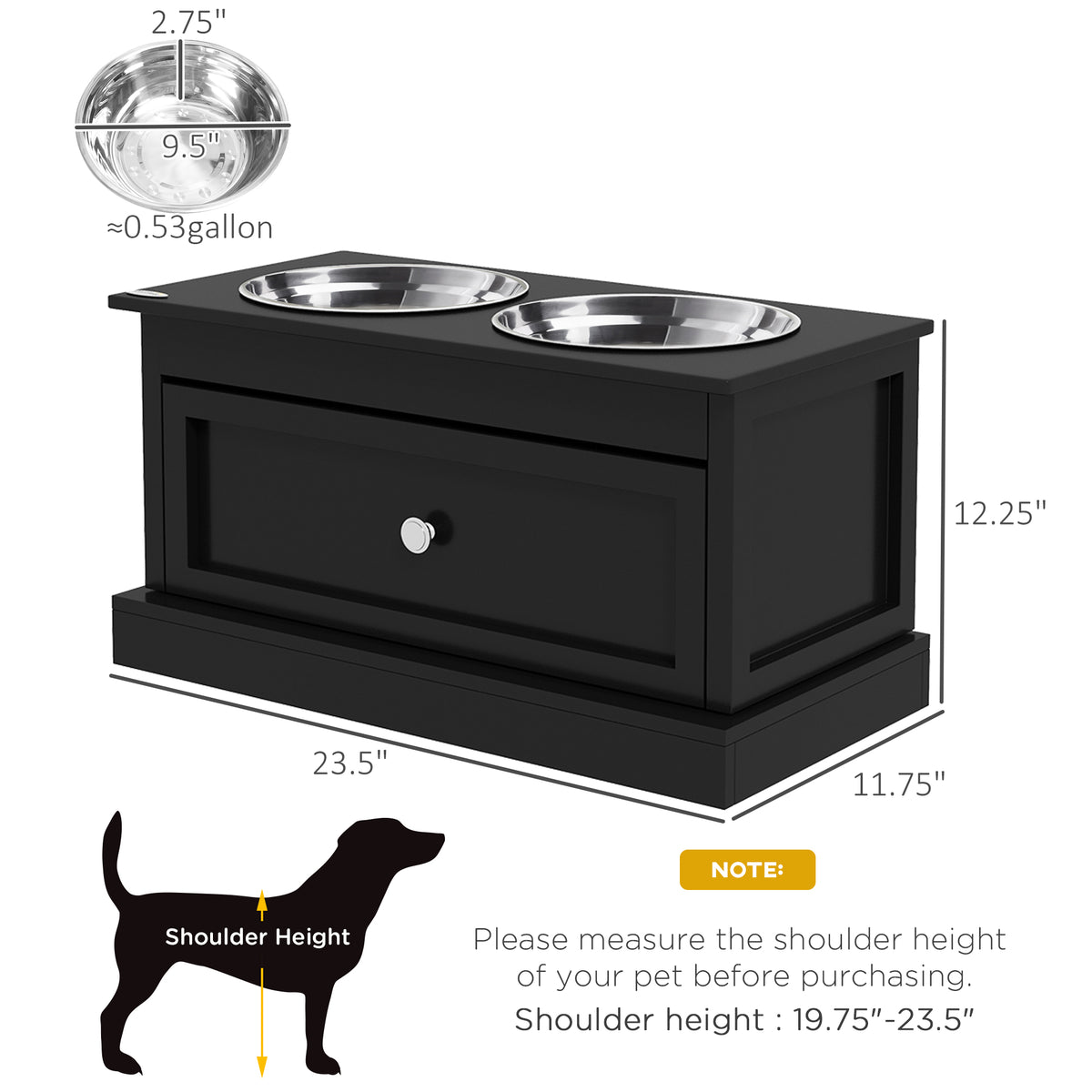 Black raised dog bowl stand with dimensions and drawer