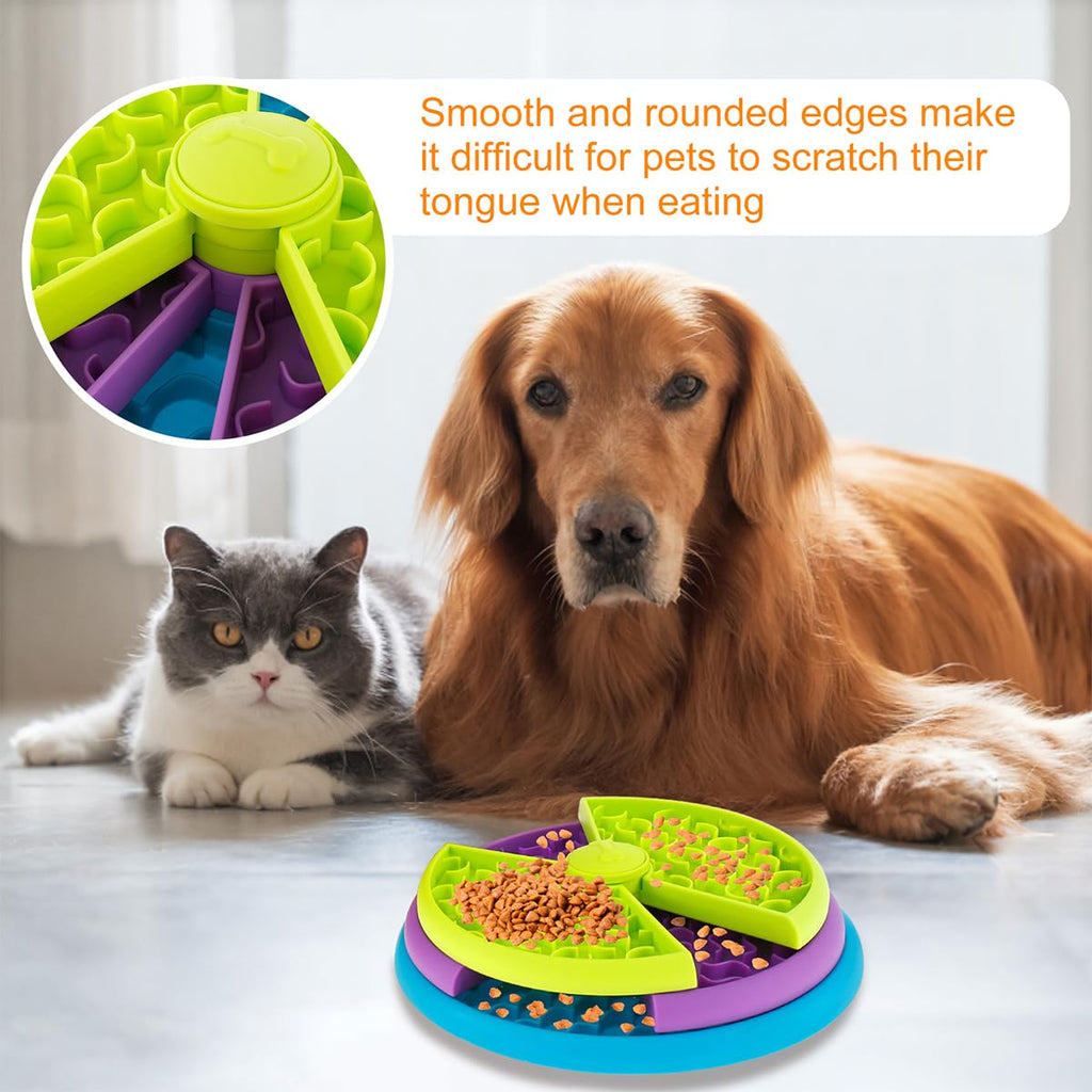 Golden retriever and cat next to a rotating puzzle feeder