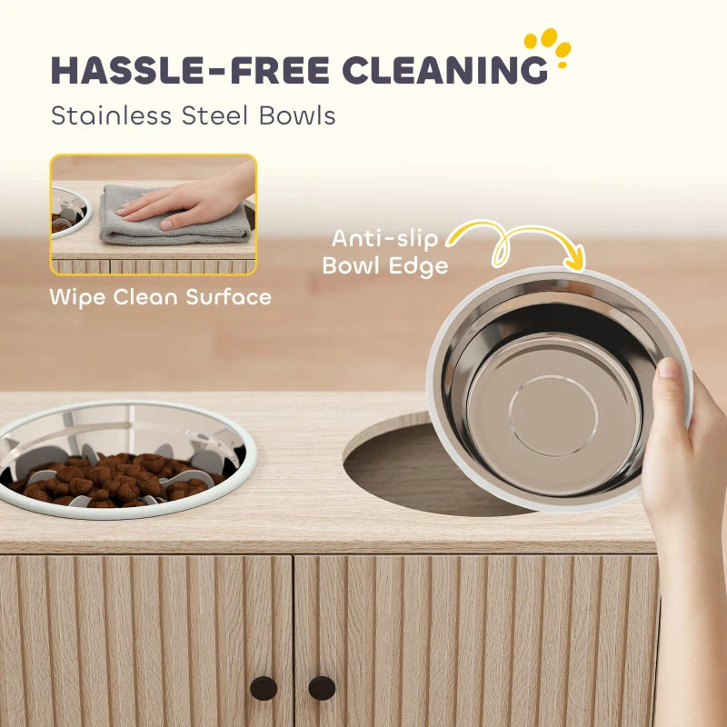 Removable stainless steel bowls in a light wood dog feeder