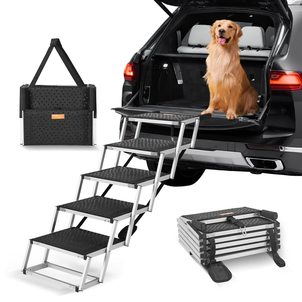 Golden retriever sitting in an SUV trunk with folding 5-step dog stairs