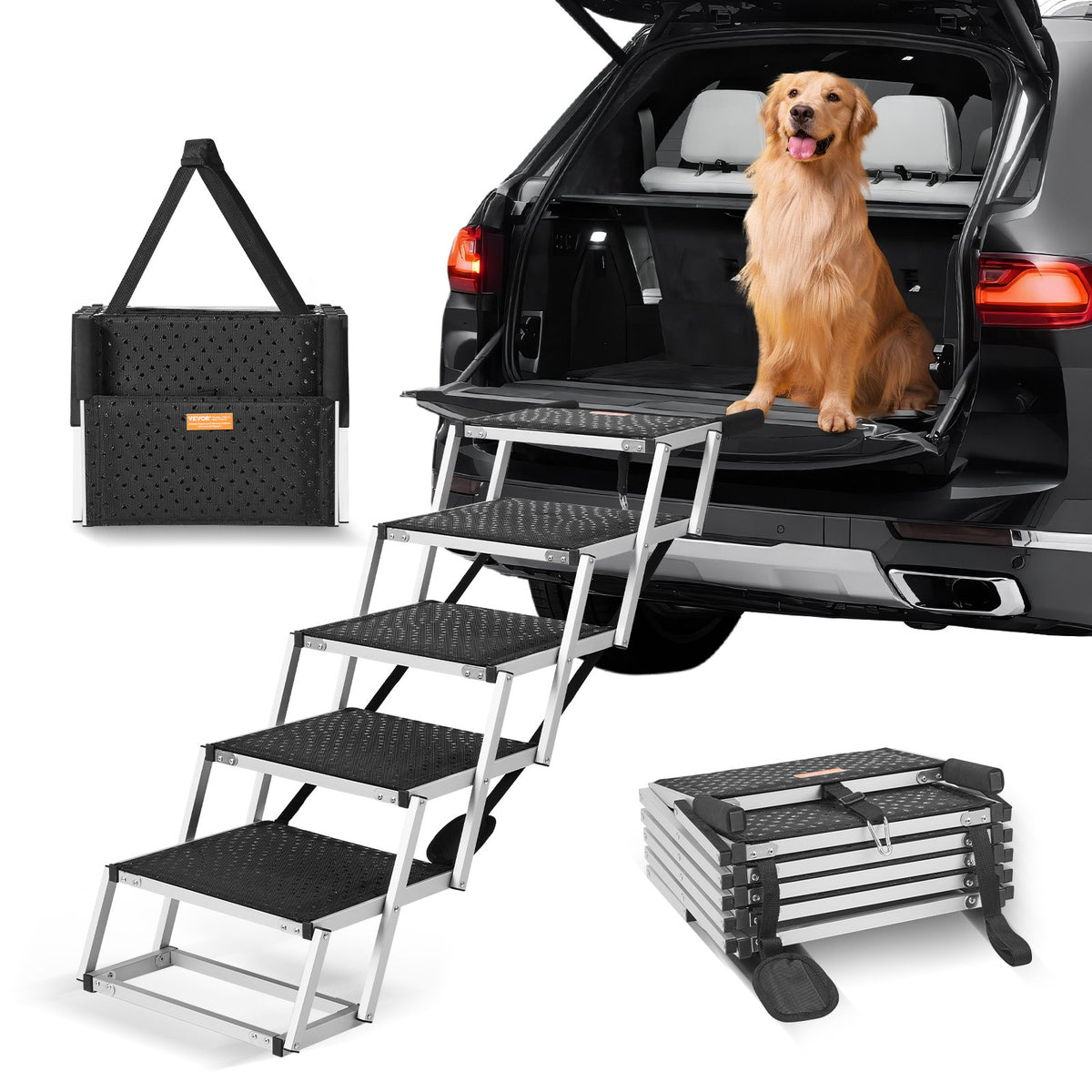 Golden retriever sitting in an SUV trunk with folding 5-step dog stairs