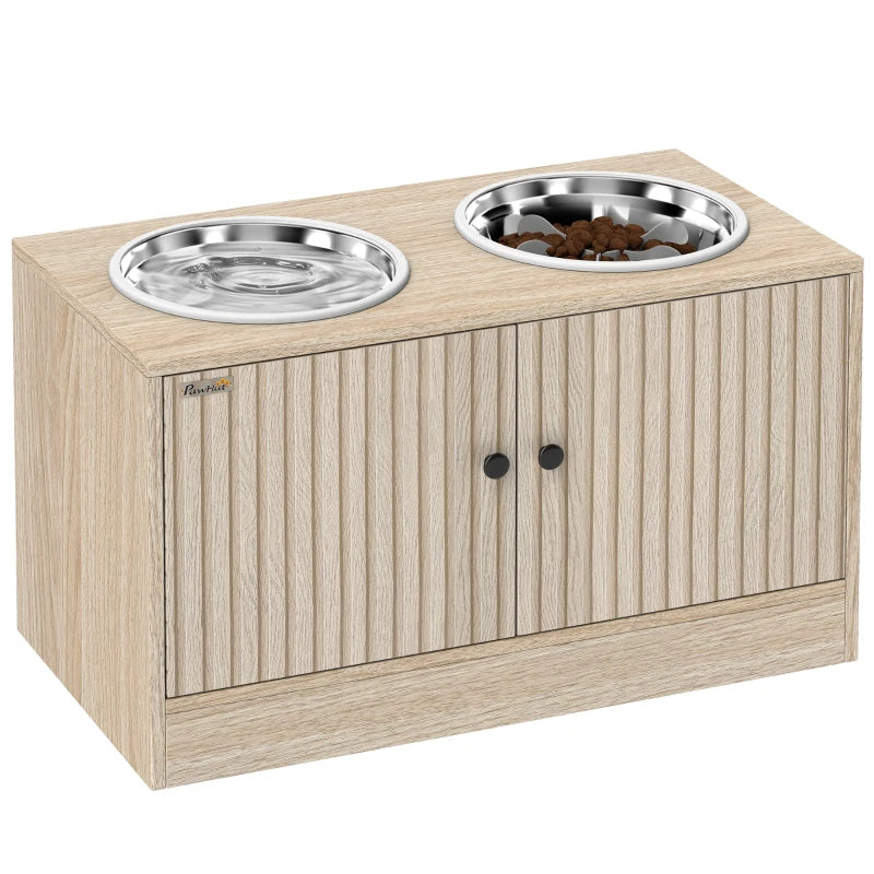 Light wood raised dog bowl stand with two bowls on top