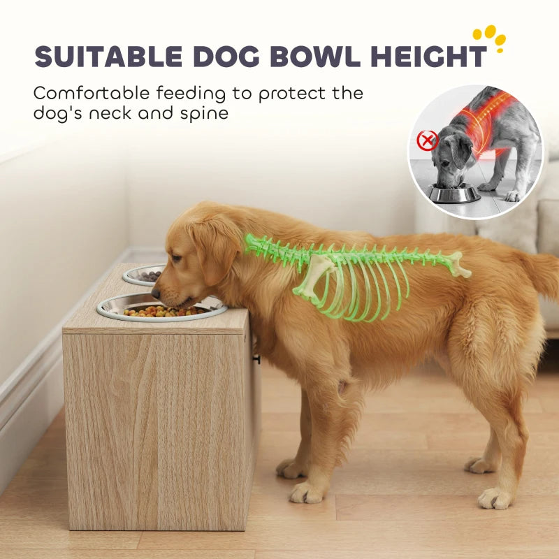 Golden retriever eating from a raised dog bowl stand