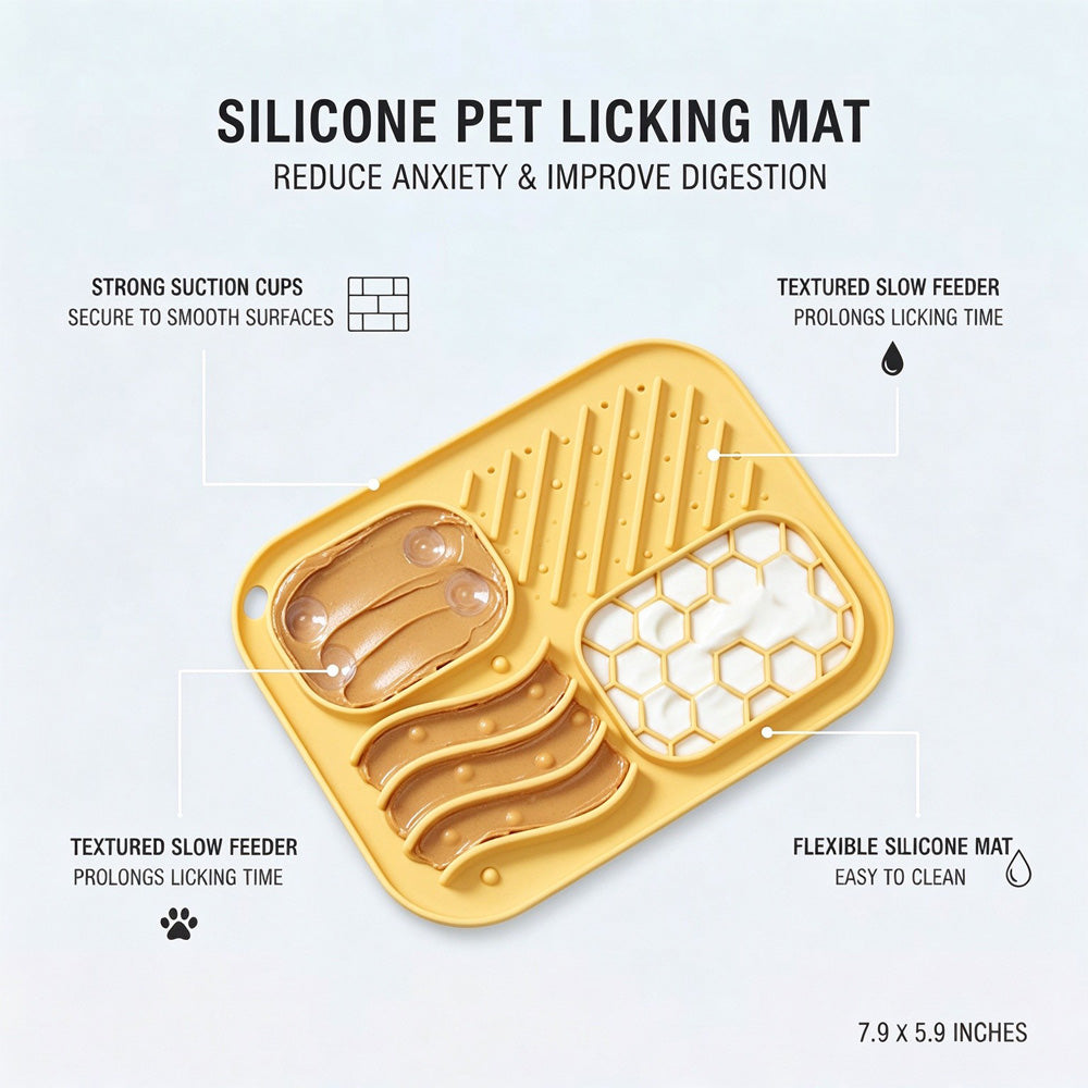 Yellow 4-zone silicone pet licking mat with suction cups, 7.9 x 5.9 inches