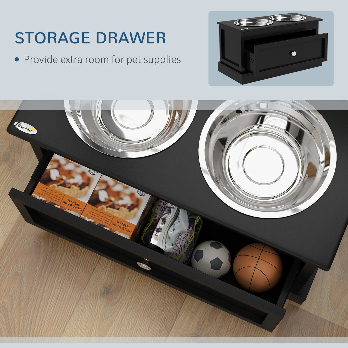 Open storage drawer in a black raised dog bowl stand holding toys and treats