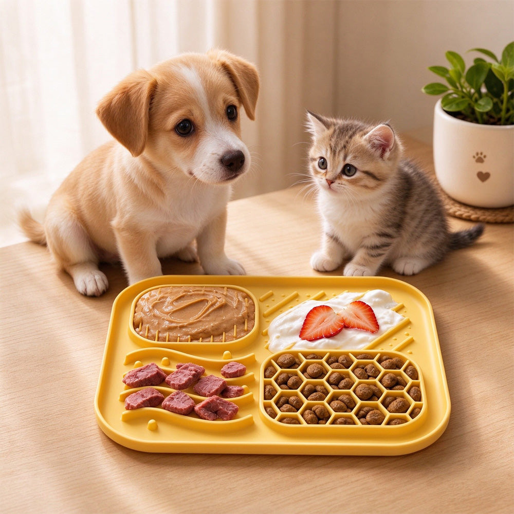 Puppy and kitten next to a yellow silicone lick mat filled with peanut butter, yogurt and treats