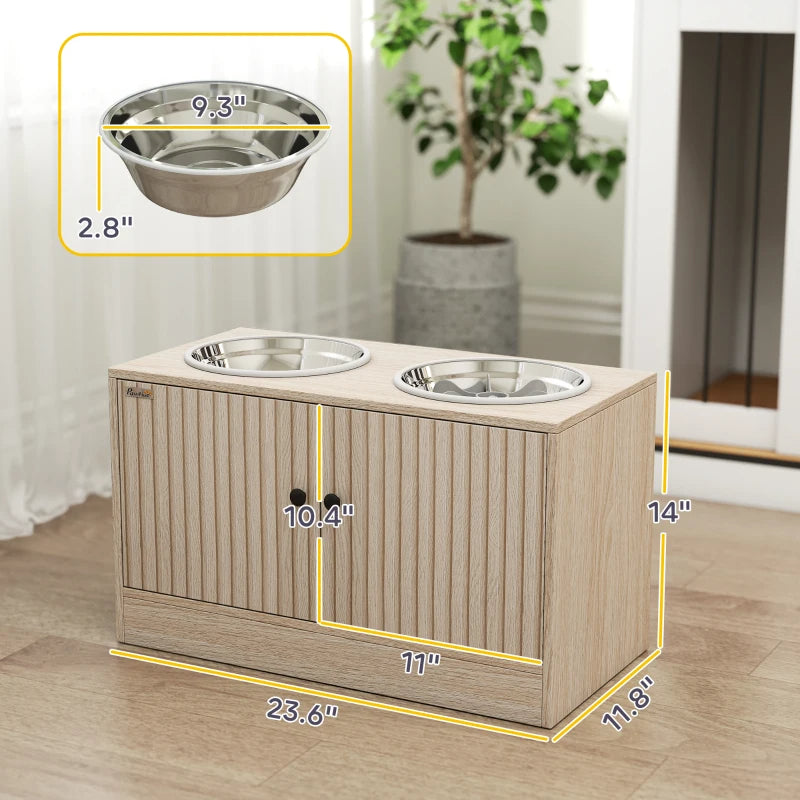 Light wood raised dog bowl stand with dimensions