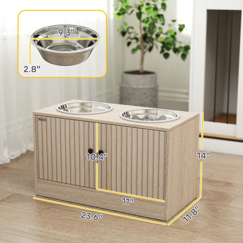 Light wood raised dog bowl stand with dimensions