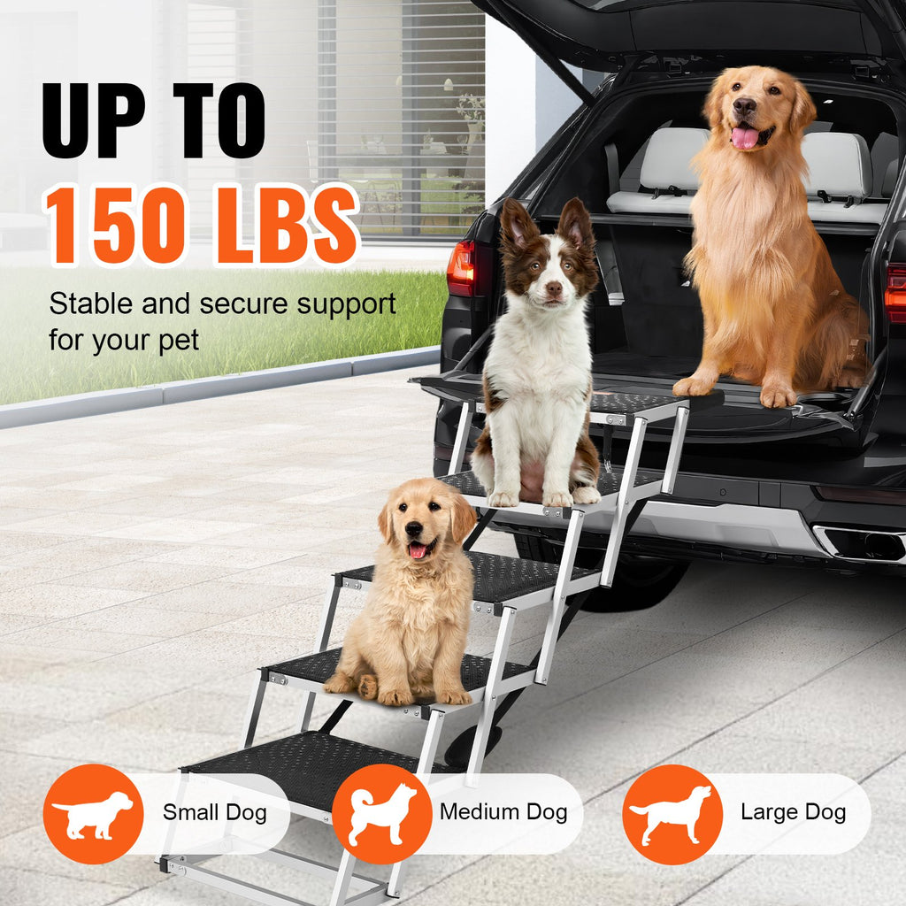 Three dogs on folding aluminum dog stairs at an SUV, holds up to 150 lbs