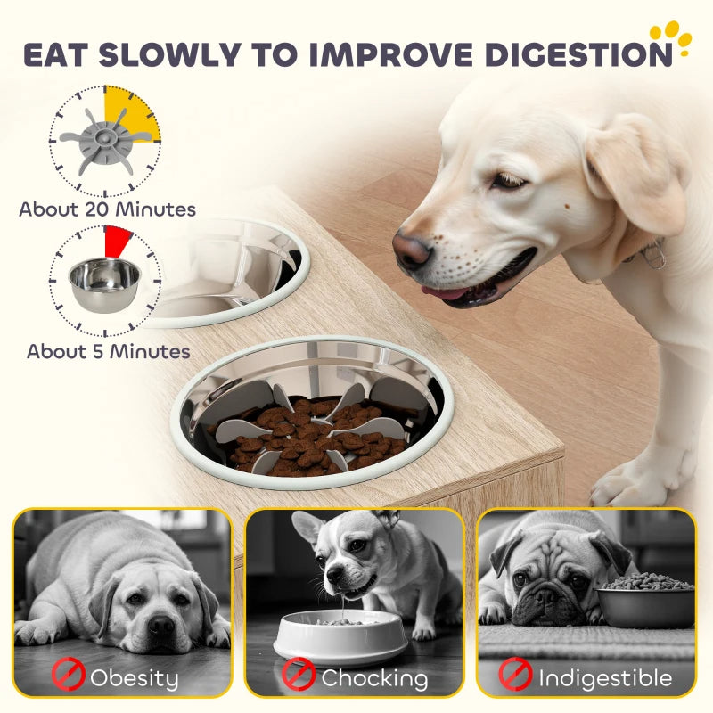 Dog eating from a slow feeder bowl in a raised stand