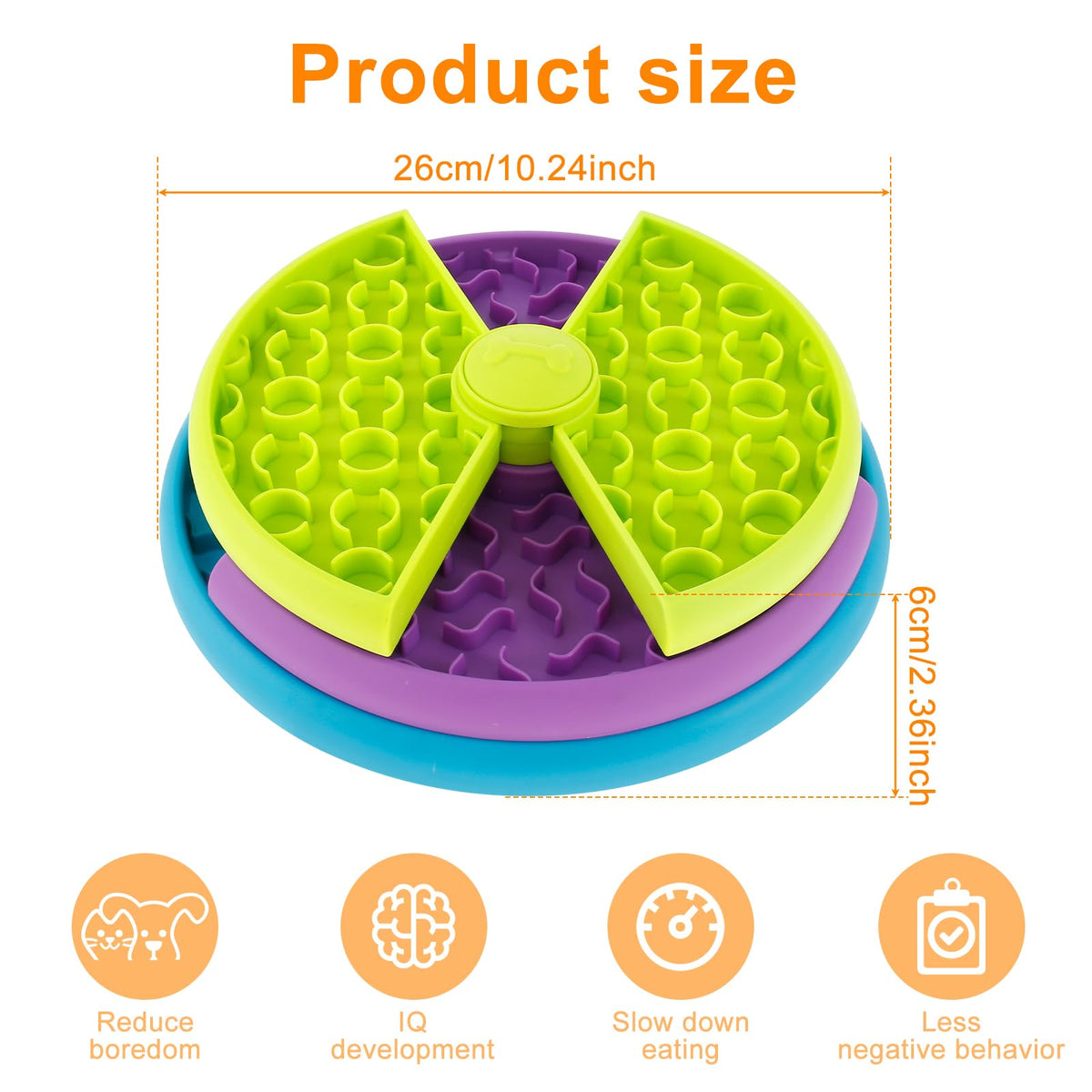 Rotating dog puzzle feeder with size, 26 cm across