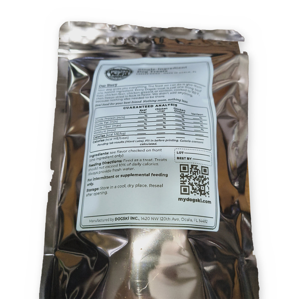 Dogski freeze-dried beef liver dog treats, 5 oz bag, back label