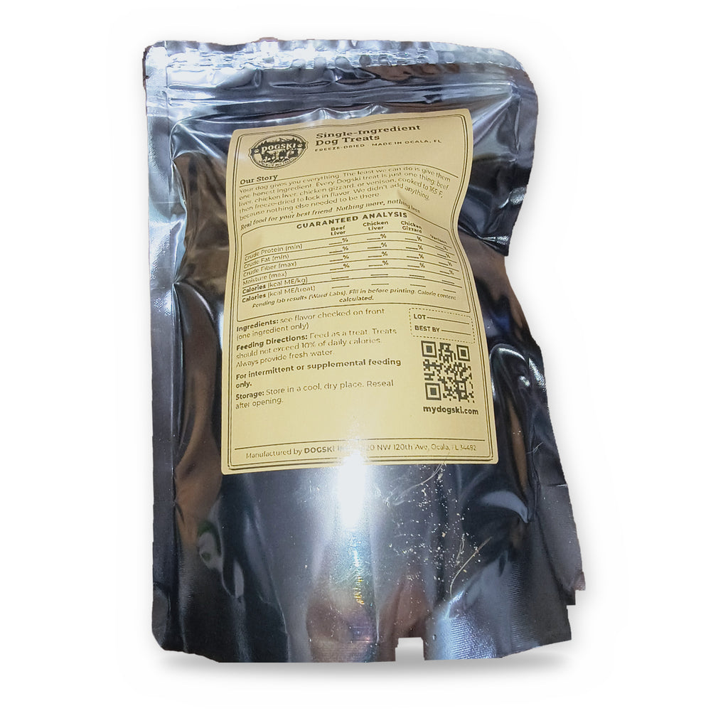 Dogski freeze-dried venison dog treats, 5 oz bag, back label